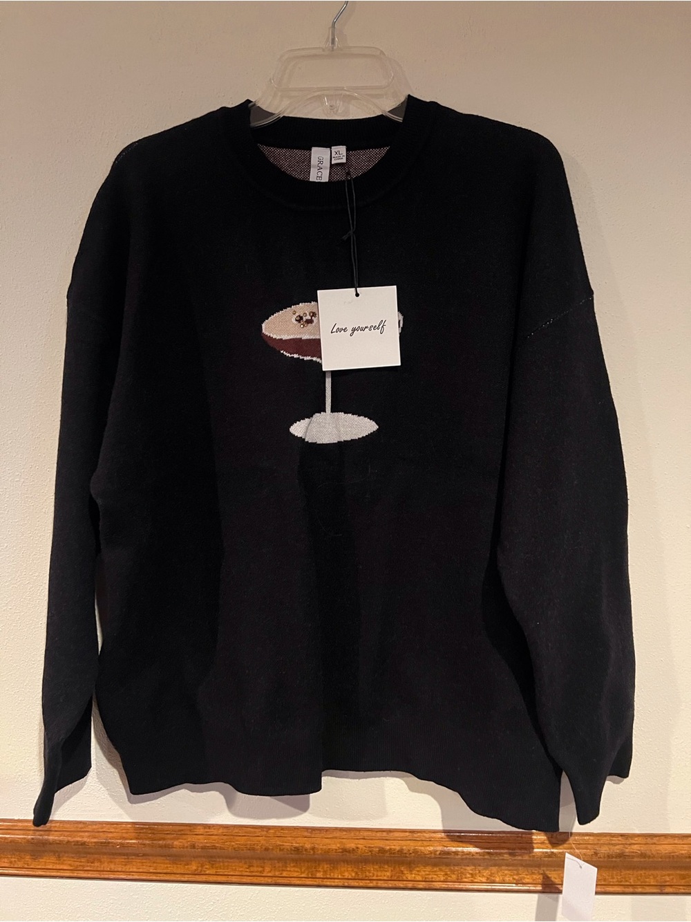Black Knit Crewneck Sweater with Martini/ cocktail glass Motif